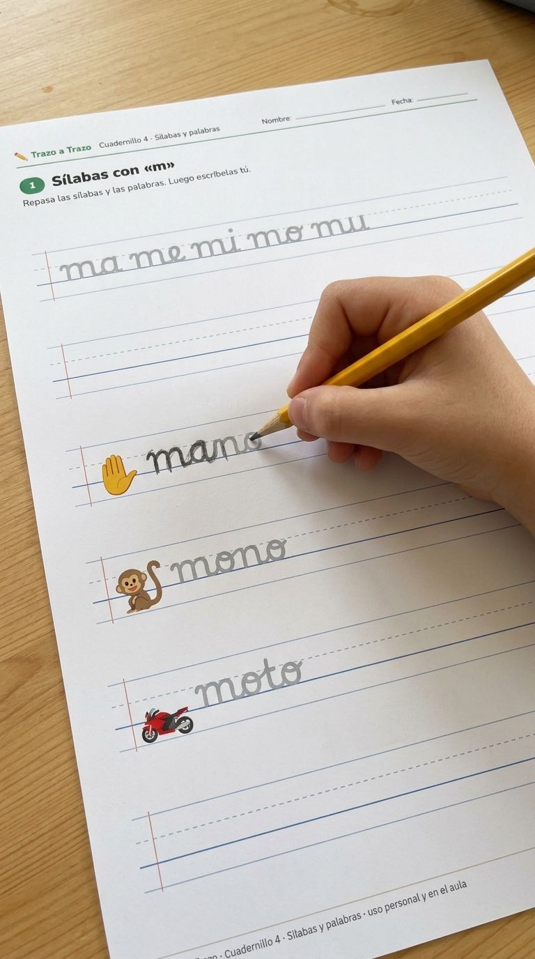 Una mano infantil repasando con lápiz las sílabas de una ficha del cuadernillo 4