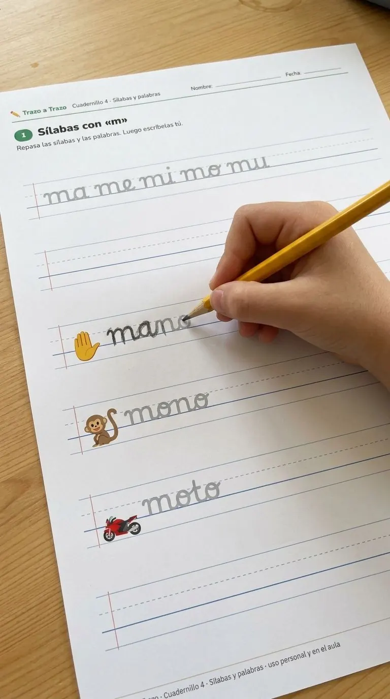 Una mano infantil repasando con lápiz las sílabas de una ficha del cuadernillo 4