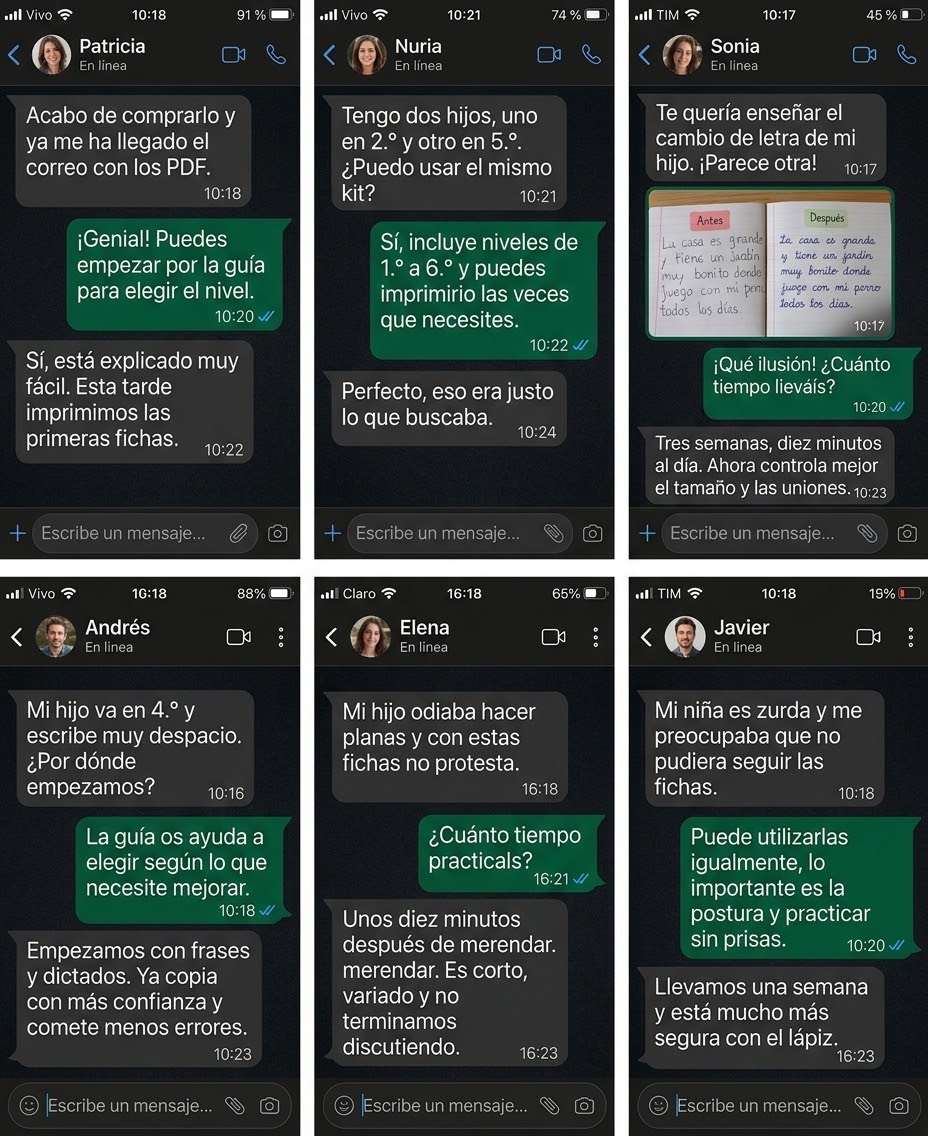 Capturas de mensajes de familias que usan las fichas de caligrafía